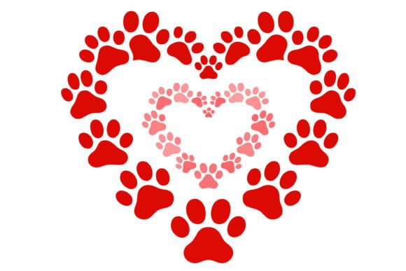 Double Dog Paw Print Heart Red and Pink